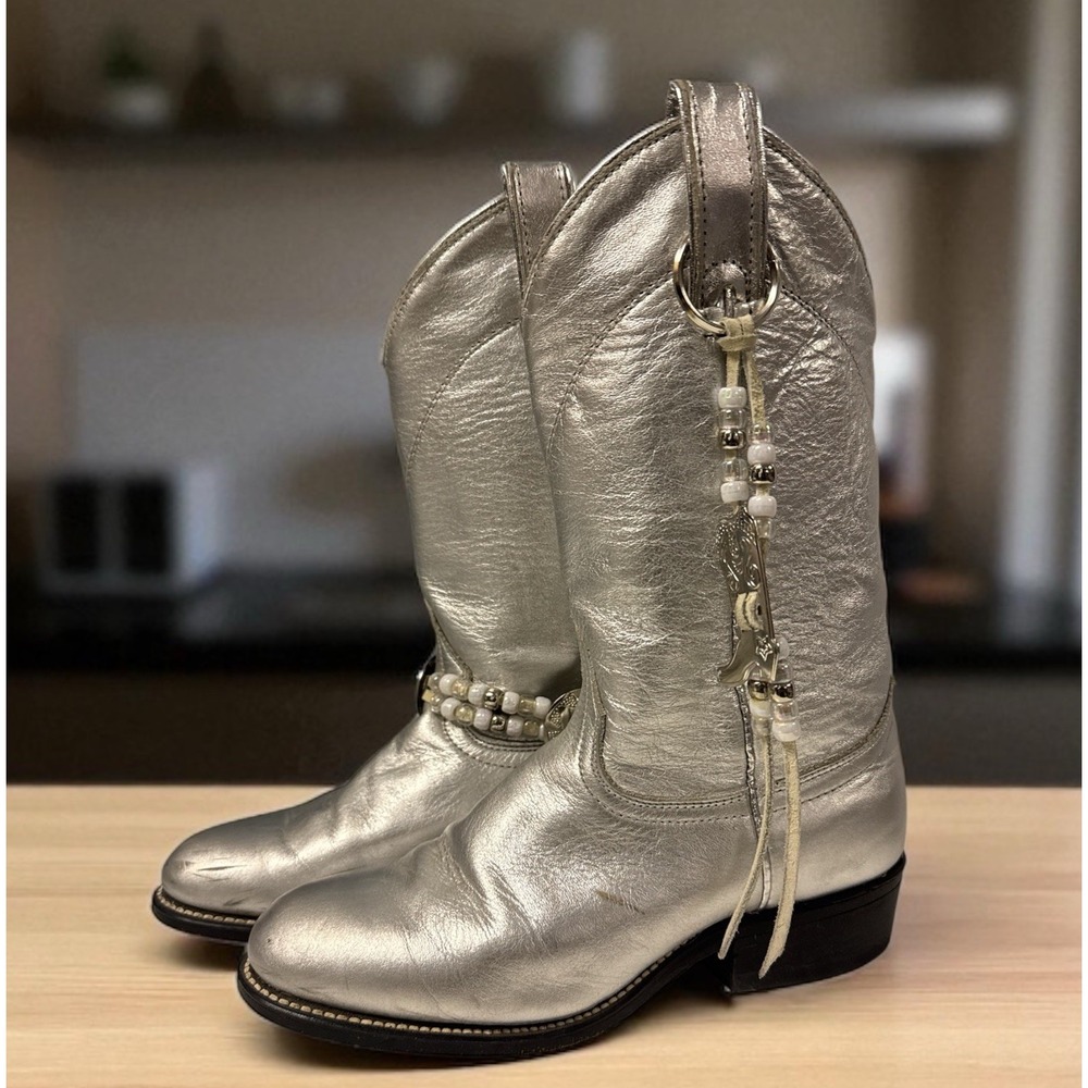 Vtg Wrangler Boots Silver Country Western W/ Beads 90s Women's Size 6 M USA Made